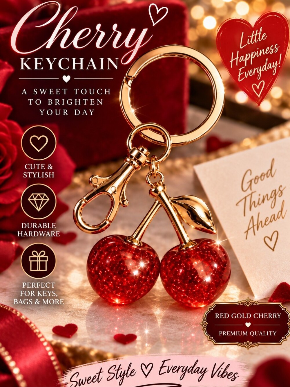 Gold Cherry Keychain with Red Glitter Charms!!